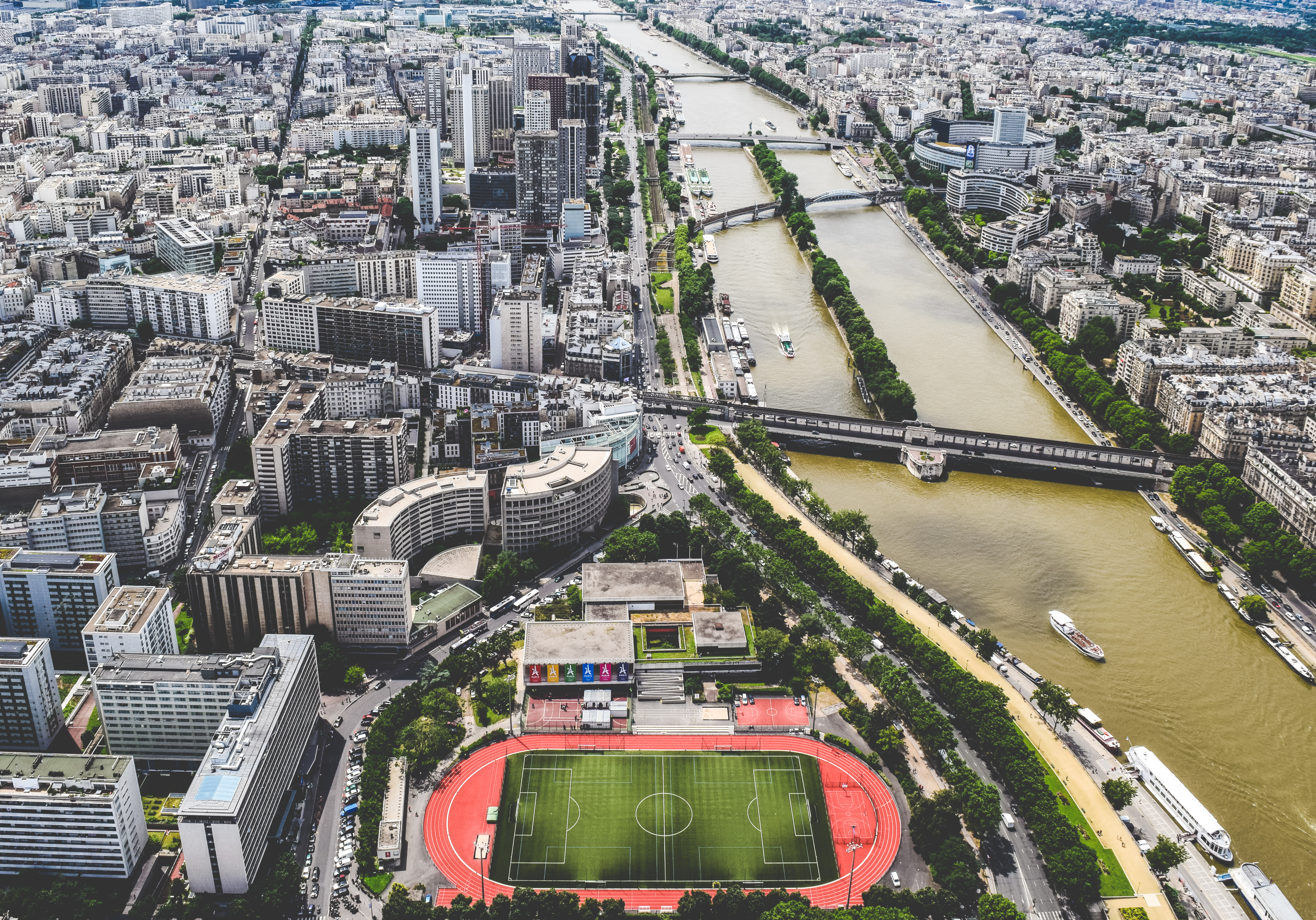Eiffel Tower and Champ de Mars viewed across Paris